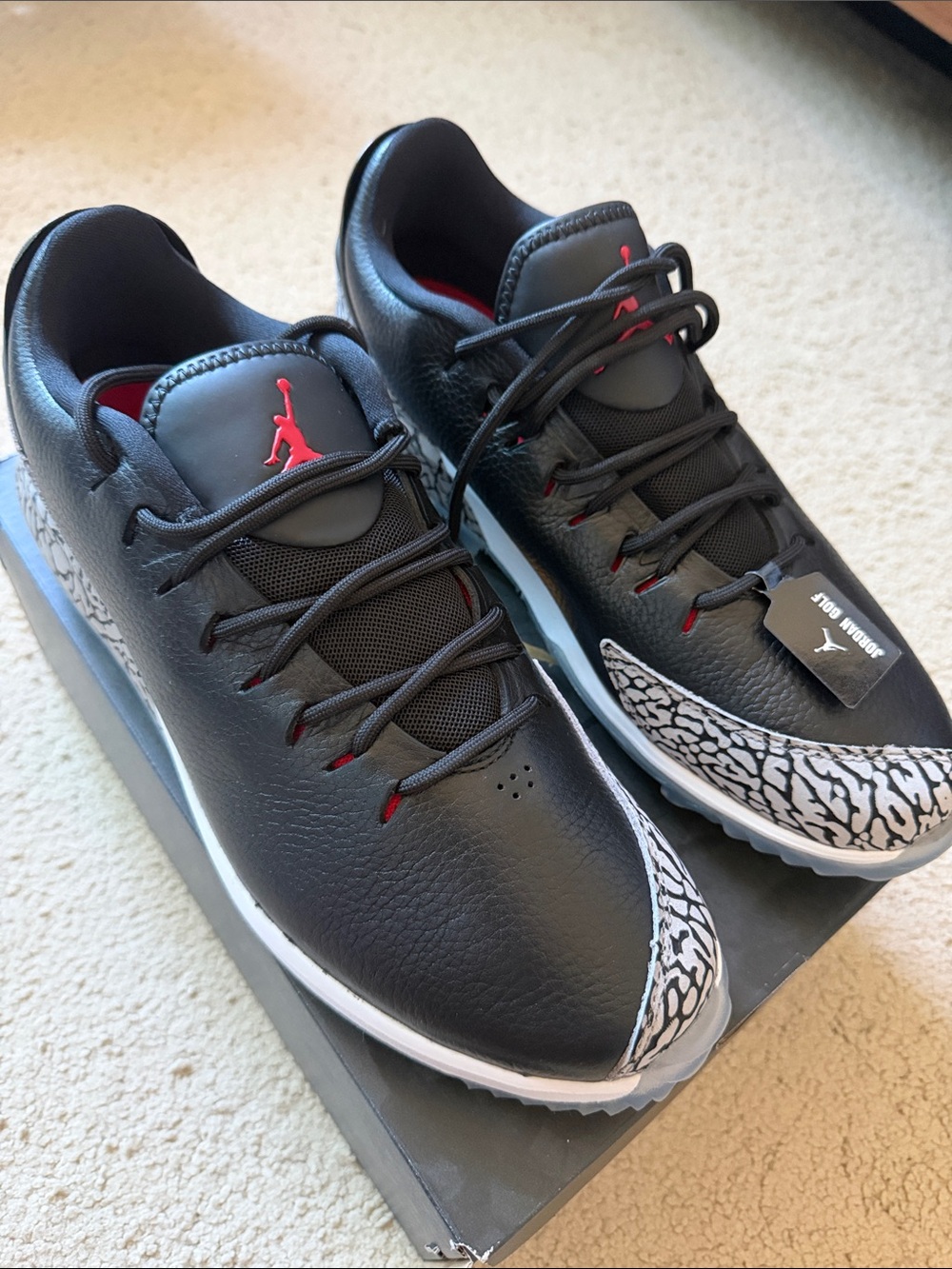 Jordan Black/Fire-Red and White Golf Shoes with Elephant Print and Red Logo